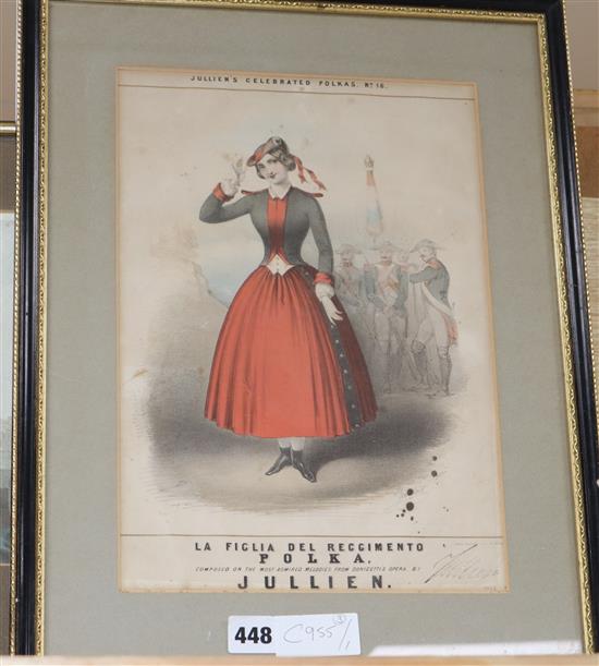 A Victorian sheet music cover, Julliens Celebrated Polkas, 33 x 23cm and two colour prints of early 19th century ladies